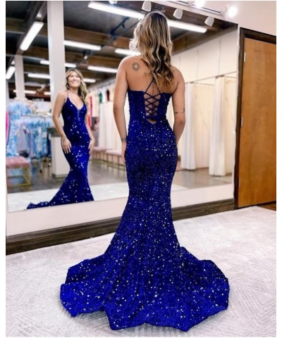 Mermaid Prom Dresses Long Sparkly Sequin Spaghetti Strap V Neck Backless Formal Evening Gowns for Women Lilac $42.07 Dresses