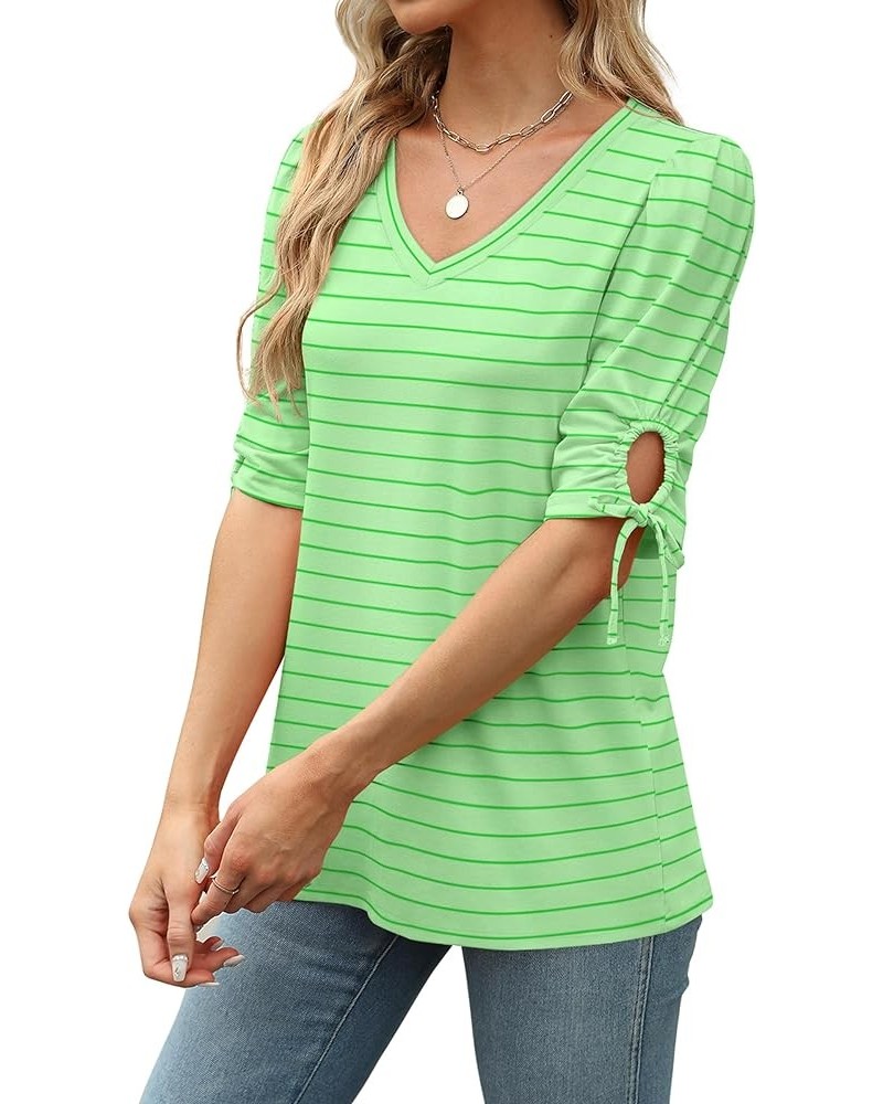 Womens Summer Tops V Neck T Shirts Tie Elbow Sleeve Tops Loose Casual Tshirts 07-green Stripe $12.25 T-Shirts