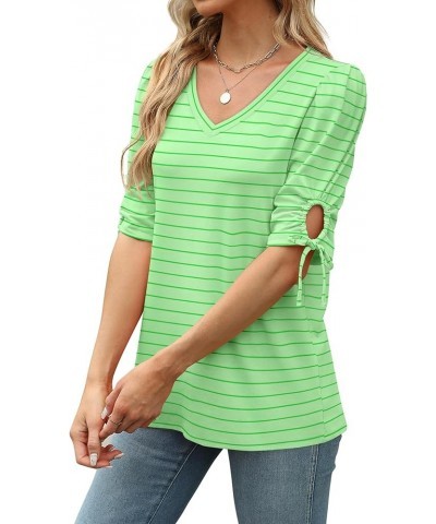 Womens Summer Tops V Neck T Shirts Tie Elbow Sleeve Tops Loose Casual Tshirts 07-green Stripe $12.25 T-Shirts