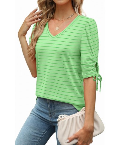 Womens Summer Tops V Neck T Shirts Tie Elbow Sleeve Tops Loose Casual Tshirts 07-green Stripe $12.25 T-Shirts