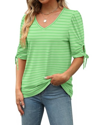 Womens Summer Tops V Neck T Shirts Tie Elbow Sleeve Tops Loose Casual Tshirts 07-green Stripe $12.25 T-Shirts