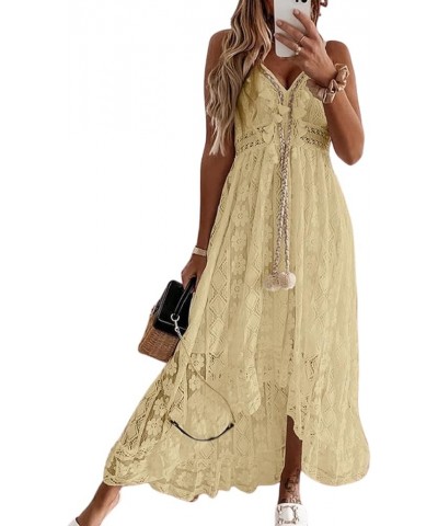 Women's Lace Dresses Boho Tassel V-Neck Flare Ruffle Adjustable Straps Beach Summer Maxi Dress Yellow $27.47 Dresses