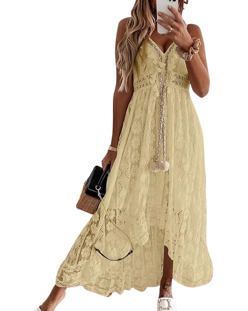 Women's Lace Dresses Boho Tassel V-Neck Flare Ruffle Adjustable Straps Beach Summer Maxi Dress Yellow $27.47 Dresses