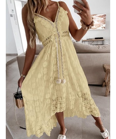 Women's Lace Dresses Boho Tassel V-Neck Flare Ruffle Adjustable Straps Beach Summer Maxi Dress Yellow $27.47 Dresses