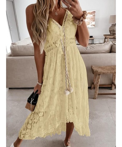 Women's Lace Dresses Boho Tassel V-Neck Flare Ruffle Adjustable Straps Beach Summer Maxi Dress Yellow $27.47 Dresses