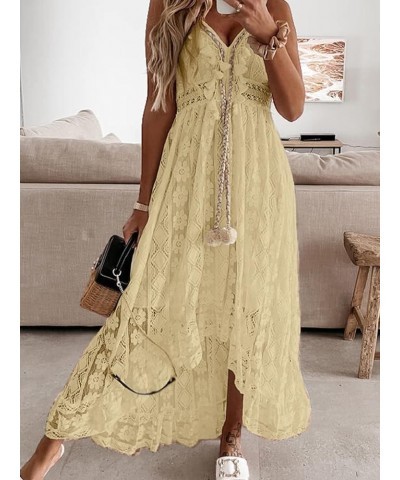 Women's Lace Dresses Boho Tassel V-Neck Flare Ruffle Adjustable Straps Beach Summer Maxi Dress Yellow $27.47 Dresses