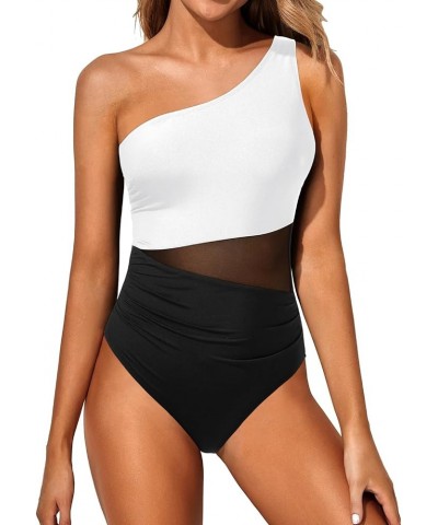 Women One Piece One Shoulder Swimsuit Tummy Control Bathing Suit Mesh Swimwear Black and White $20.15 Swimsuits