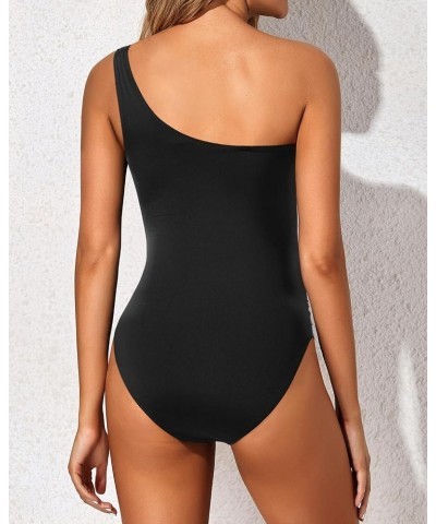 Women One Piece One Shoulder Swimsuit Tummy Control Bathing Suit Mesh Swimwear Black and White $20.15 Swimsuits