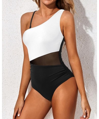 Women One Piece One Shoulder Swimsuit Tummy Control Bathing Suit Mesh Swimwear Black and White $20.15 Swimsuits