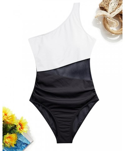 Women One Piece One Shoulder Swimsuit Tummy Control Bathing Suit Mesh Swimwear Black and White $20.15 Swimsuits