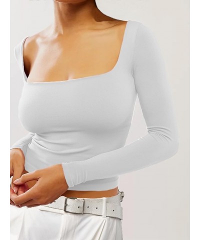 Long Sleeve T Shirt Women - Square Neck Going Out Tops Double Lined Tight Shirt Y2K Crop Top Slim Fit White $12.25 Tops