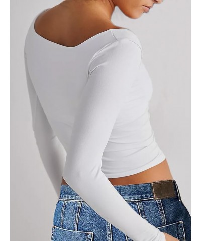 Long Sleeve T Shirt Women - Square Neck Going Out Tops Double Lined Tight Shirt Y2K Crop Top Slim Fit White $12.25 Tops