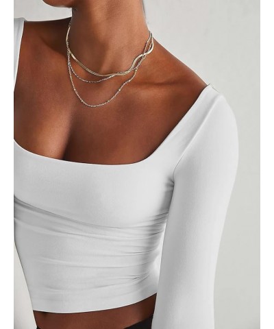 Long Sleeve T Shirt Women - Square Neck Going Out Tops Double Lined Tight Shirt Y2K Crop Top Slim Fit White $12.25 Tops