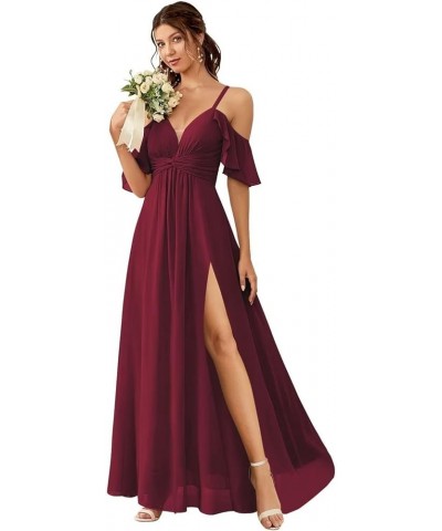 Off The Shoulder Chiffon Bridesmaid Dresses for Women with Slit A Line Formal Evening Party Dress with Pockets FBD001 Burgund...