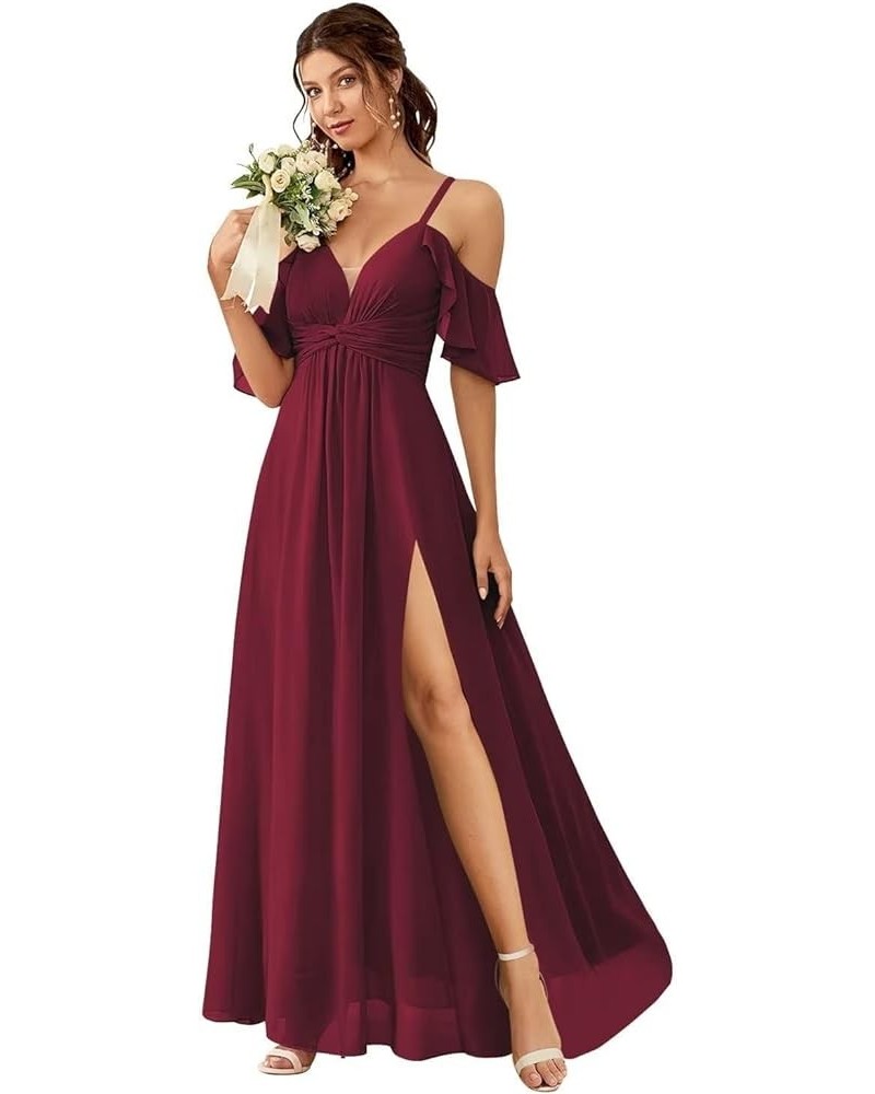 Off The Shoulder Chiffon Bridesmaid Dresses for Women with Slit A Line Formal Evening Party Dress with Pockets FBD001 Burgund...