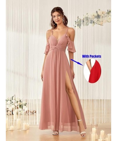 Off The Shoulder Chiffon Bridesmaid Dresses for Women with Slit A Line Formal Evening Party Dress with Pockets FBD001 Burgund...