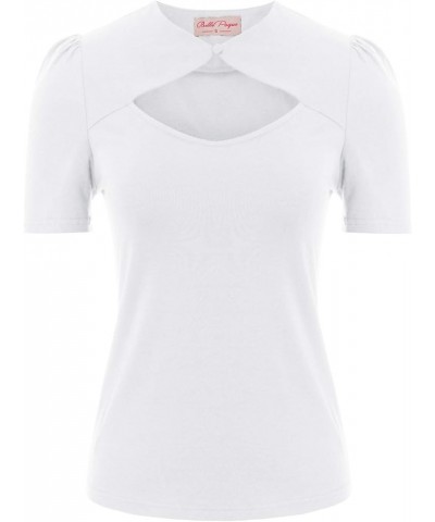 Women’s Hollowed-Out Tops 1950s Retro Vintage Short Sleeve Cotton Blouse White $17.70 Tops