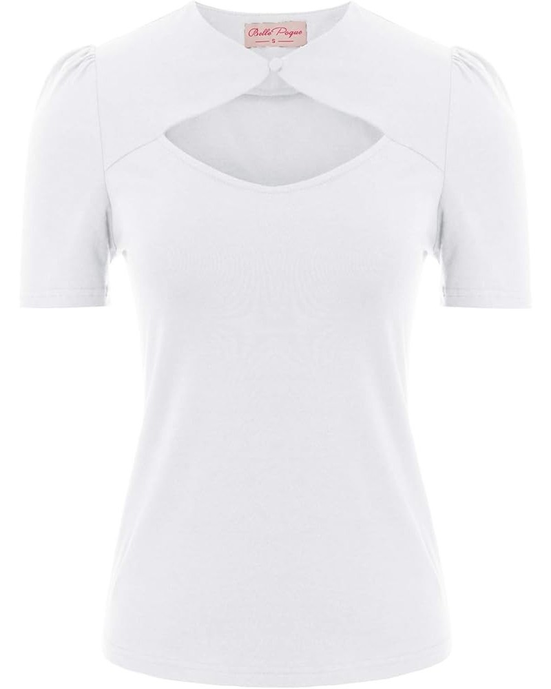 Women’s Hollowed-Out Tops 1950s Retro Vintage Short Sleeve Cotton Blouse White $17.70 Tops