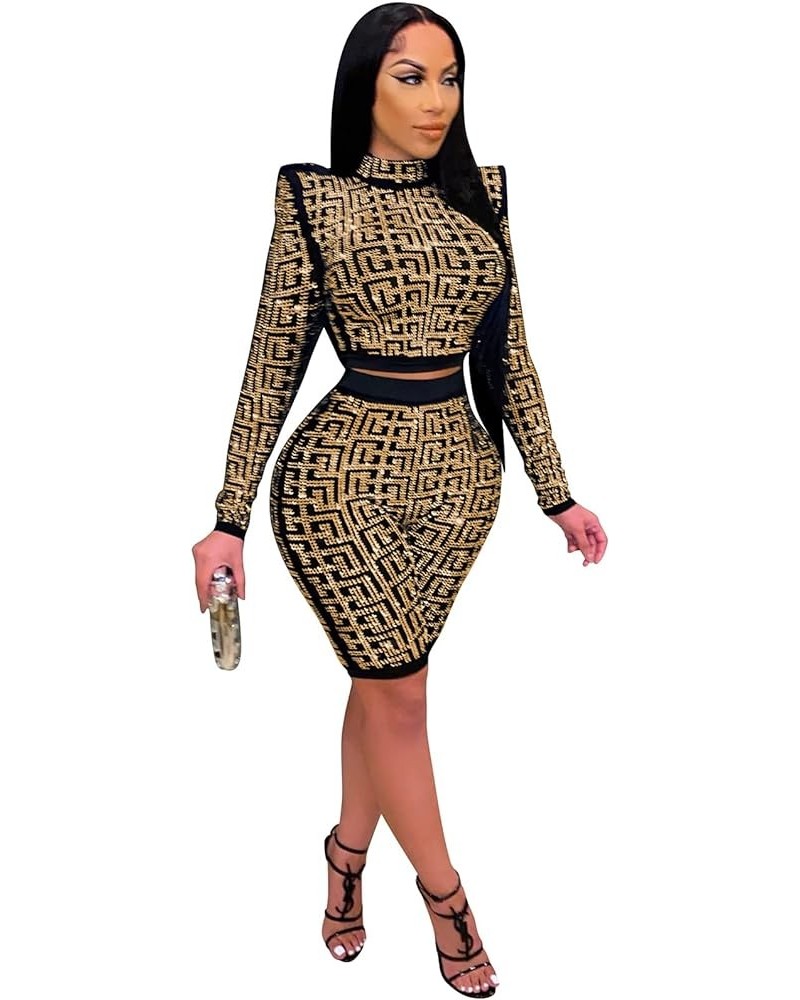 Womens Sexy 2 Pieces Rhinestone Crop Tops Bodycon Shorts Party Clubwear Tracksuit Outfits Set Golden $18.86 Jumpsuits