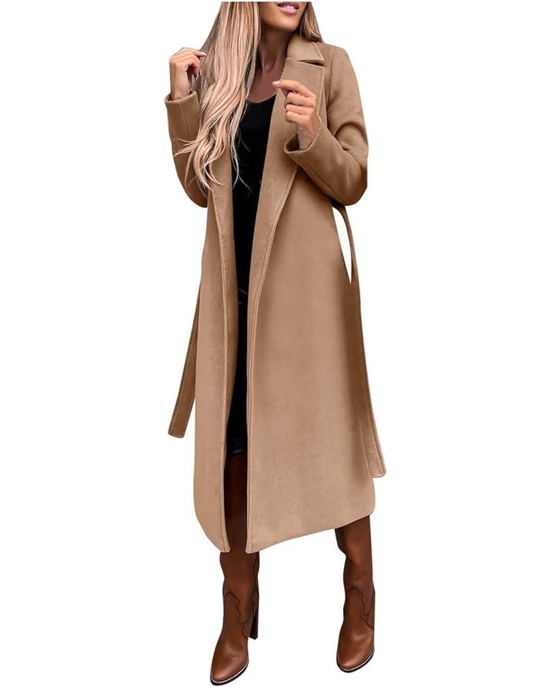 Winter Coats for Women Fashion Solid Lapel Long Wool Blend Coat Ladies Trench Long Jacket with Belt Tweed Outwear Large Khaki...