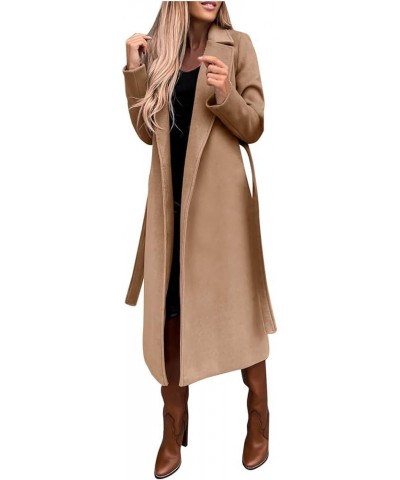 Winter Coats for Women Fashion Solid Lapel Long Wool Blend Coat Ladies Trench Long Jacket with Belt Tweed Outwear Large Khaki...