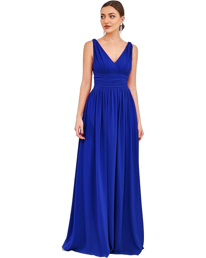 Womens Bridesmaid Dress V-Neck Sleeveless A Line Chiffon Floor Length Formal Dress 09016 Sapphire Blue $39.20 Dresses