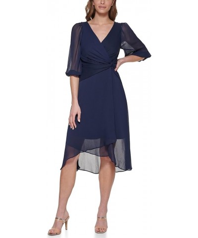 Women's Chiffon 3/4 Sleeve Faux Wrap Dress Midnight Nvy $46.52 Dresses