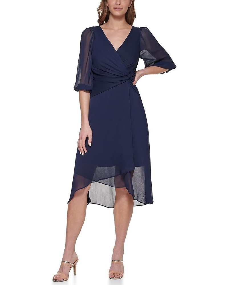 Women's Chiffon 3/4 Sleeve Faux Wrap Dress Midnight Nvy $46.52 Dresses