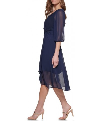 Women's Chiffon 3/4 Sleeve Faux Wrap Dress Midnight Nvy $46.52 Dresses