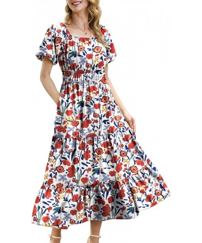 Women's 2023 Summer Casual Floral Dress Square Neck Puff Short Sleeve Cinched Waist Maxi Dress with Pockets E11 Floral 410 $2...