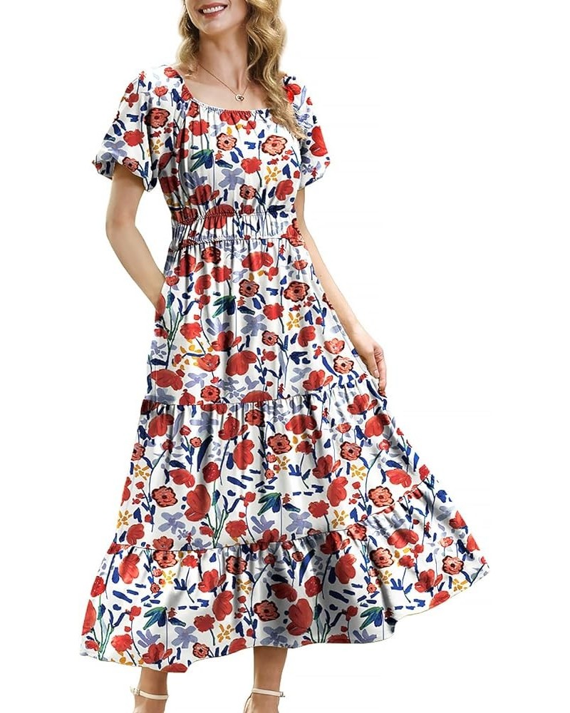 Women's 2023 Summer Casual Floral Dress Square Neck Puff Short Sleeve Cinched Waist Maxi Dress with Pockets E11 Floral 410 $2...