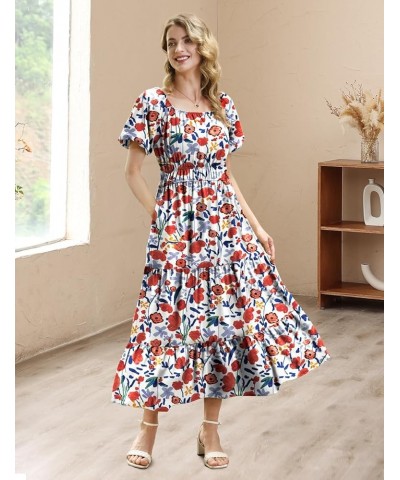 Women's 2023 Summer Casual Floral Dress Square Neck Puff Short Sleeve Cinched Waist Maxi Dress with Pockets E11 Floral 410 $2...