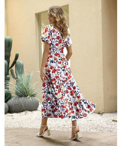 Women's 2023 Summer Casual Floral Dress Square Neck Puff Short Sleeve Cinched Waist Maxi Dress with Pockets E11 Floral 410 $2...