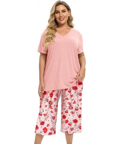 Women's Pajamas Set Soft V Neck Sleepwear Top and Capri Pj Lounge Sets Cartoon Heart Shape Cat Nighty Plus Size Orangepink $1...