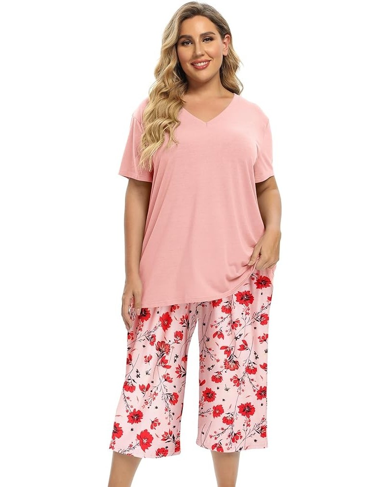 Women's Pajamas Set Soft V Neck Sleepwear Top and Capri Pj Lounge Sets Cartoon Heart Shape Cat Nighty Plus Size Orangepink $1...