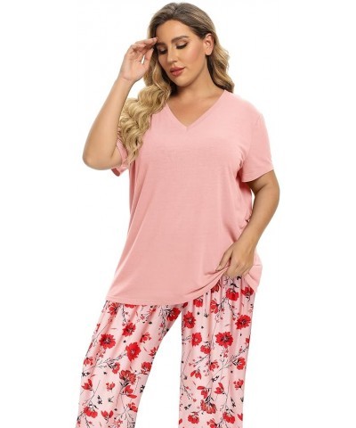 Women's Pajamas Set Soft V Neck Sleepwear Top and Capri Pj Lounge Sets Cartoon Heart Shape Cat Nighty Plus Size Orangepink $1...