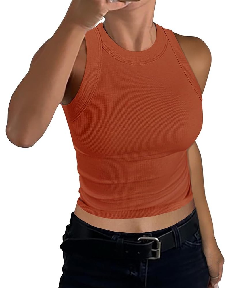 Womens High Neck Racerback Ribbed Crop Top Sleeveless Fitted Basic Cotton Cropped Tank Top Layers Orange $12.50 Tanks