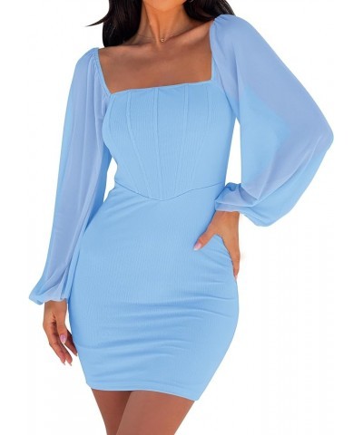 Women's 2024 Summer Puff Long Sleeve Square Neck Ruched Bodycon Cocktail Party Club Short Mini Dress Lightblue $18.70 Dresses