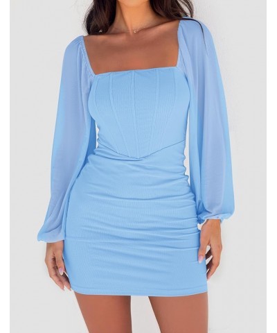 Women's 2024 Summer Puff Long Sleeve Square Neck Ruched Bodycon Cocktail Party Club Short Mini Dress Lightblue $18.70 Dresses