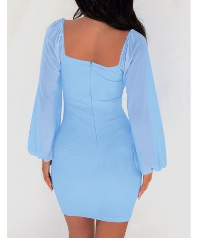 Women's 2024 Summer Puff Long Sleeve Square Neck Ruched Bodycon Cocktail Party Club Short Mini Dress Lightblue $18.70 Dresses