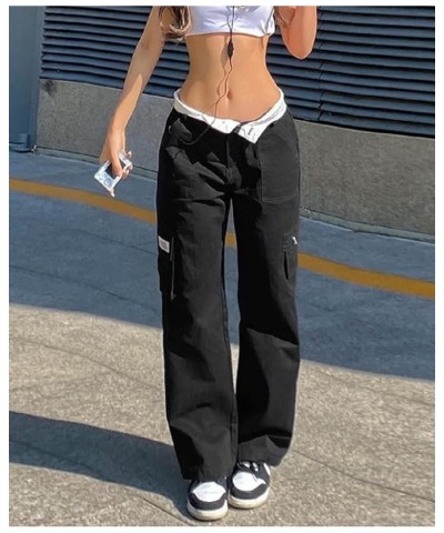 Women Low Waist Ripped Jeans Y2K Wide Leg Baggy Cargo Jeans Vintage Printed Grunge Denim Pants Trendy Streetwear Y-black $19....