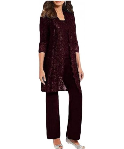 Chic Mother of The Bride Pant Suits 3 Pieces Long Sleeve Chiffon Groom Mother Dress with Jacket Wedding Guest Gown Burgundy $...