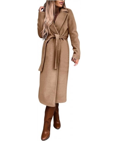 Winter Coats for Women Fashion Solid Lapel Long Wool Blend Coat Ladies Trench Long Jacket with Belt Tweed Outwear Large Khaki...