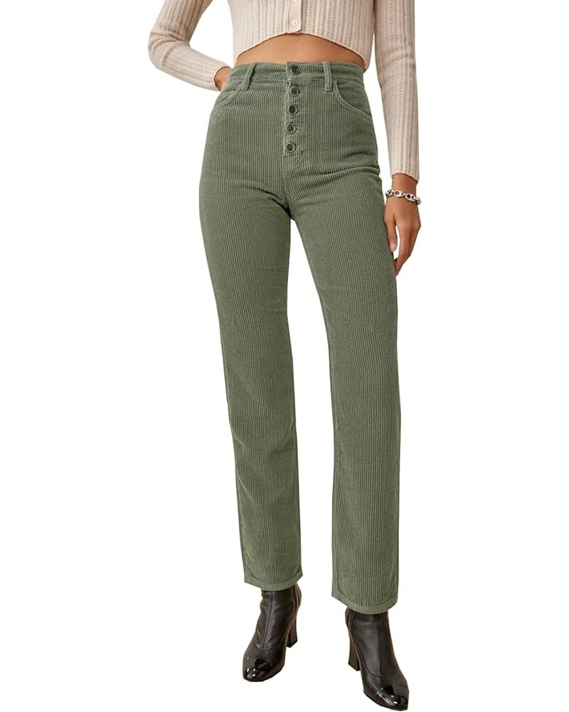 Corduroy High Waisted Baggy Pants for Women Vintage y2k Straight Leg Pants Loose Fit with Pocket Wide Leg Kgreen $8.69 Pants