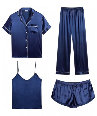 Womens 4pcs Pajamas Sets Silk Satin Sleepwear Sexy Cami with Button Down Short Sleeve Shirt Pjs Loungewear A-navy Blue $16.81...