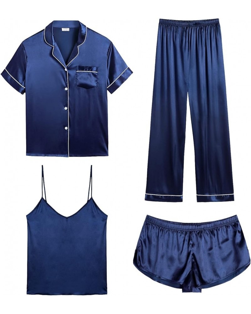 Womens 4pcs Pajamas Sets Silk Satin Sleepwear Sexy Cami with Button Down Short Sleeve Shirt Pjs Loungewear A-navy Blue $16.81...