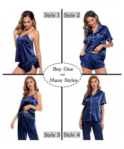 Womens 4pcs Pajamas Sets Silk Satin Sleepwear Sexy Cami with Button Down Short Sleeve Shirt Pjs Loungewear A-navy Blue $16.81...