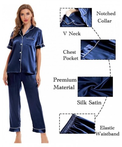 Womens 4pcs Pajamas Sets Silk Satin Sleepwear Sexy Cami with Button Down Short Sleeve Shirt Pjs Loungewear A-navy Blue $16.81...