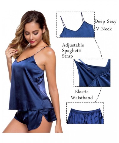 Womens 4pcs Pajamas Sets Silk Satin Sleepwear Sexy Cami with Button Down Short Sleeve Shirt Pjs Loungewear A-navy Blue $16.81...