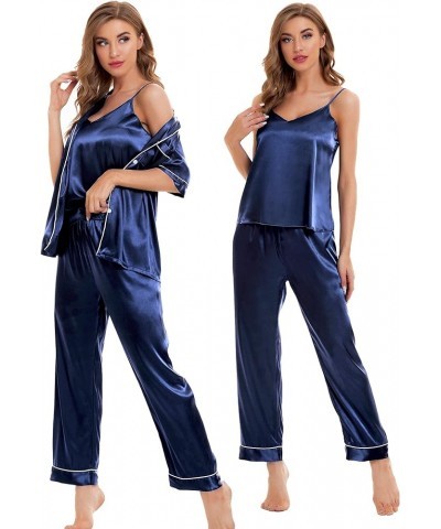 Womens 4pcs Pajamas Sets Silk Satin Sleepwear Sexy Cami with Button Down Short Sleeve Shirt Pjs Loungewear A-navy Blue $16.81...